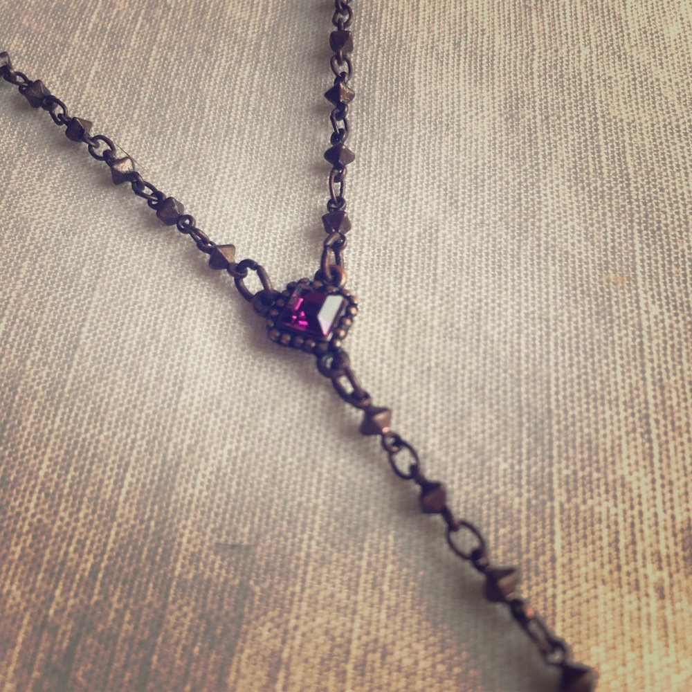 ❗️5for$25❗️Purple Gem Dangle Necklace, Bronze-Look